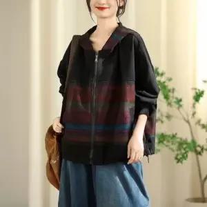 볼사스 청 가을 빈티지 캐주얼 여사친 신상 컬러 카디건 체크 프린트 집업 후드 ADOR3
