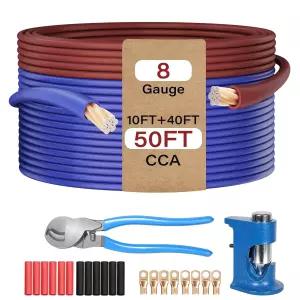 8 AWG 게이지 와이어 키트 CCA 40피트 블루+10피트 브라운 1차 자동차 동력 및 접지선 용접 배터리 케이블