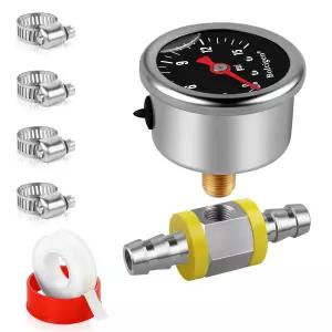 볼티겐 연료 압력 게이지 1/8인치 NPT 인라인 키트 3/8인치 바브 스테인리스 스틸 0-15Psi 글리세린 충전