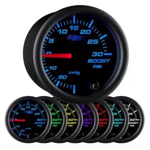 글로우시프트 블랙 7 컬러 30 PSI 터보 부스트/진공 게이지 키트 - 기계식 호스 T 피팅 및 배선 포함 멀티