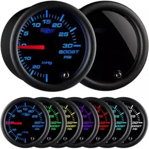 글로우시프트 7색 30PSI 터보 부스트/진공 게이지 키트 - 기계식 호스 T 피팅 및 배선 포함 멀티 컬러