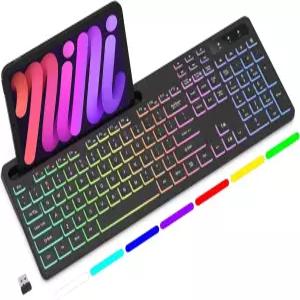 7색 RGB 백라이트가 장착된 소에토 무선 키보드 휴대폰 태블릿 홀더가 풀사이즈 컴퓨터 라이트 업 키가