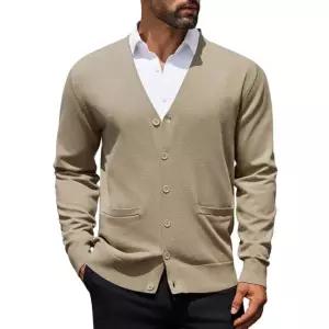 쿠판디 남성 가디건 스웨터 긴팔 브이넥 경량 니트 버튼 다운 주머니 포함 Khaki Medium