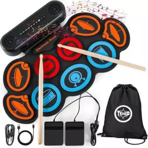전자 드럼 세트 9 패드 USB MIDI 및 블루투스가 포함된 휴대용 롤업 키트 내장 스피커 풋 페달 충전식