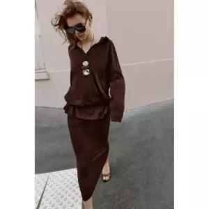 ZARA 플루이드 니트 스트레이트 스커트 - 초콜렛