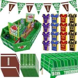 Cinrobiye 51 PCS 축구 파티 용품 키트 음식 트레이 스포츠 종이 간식 상자 럭비 식탁보 냅킨 팬 클럽 테마