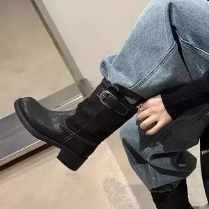 엘럽 여성 마이야르 가능 라지 로우부츠 웨지힐 둘레 소가죽 통굽 부츠 메탈 조절 버클 원템5