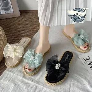 진주 리본 장식 여성 슬리퍼 여름 패션 코디 여성슬리퍼 여름슬리퍼 발편한슬리퍼