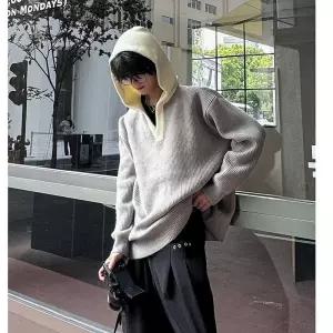 남친 니트 빈티지 캐주얼 스타일리쉬하게 바이브 루즈 맨투맨 하게 패치 브이넥 KS1