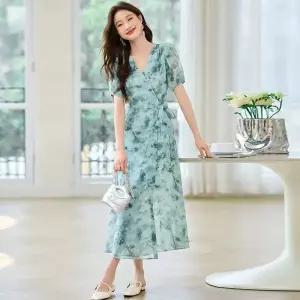 여름 원피스 여친 시폰 쉬폰 롱스커트 브이넥 미디스커트 BE2