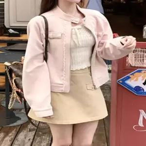 엘럽 여친 분홍 가을 루즈핏 점퍼 쇼트 긴팔 스웨이드 코트 톱 야구 원템3