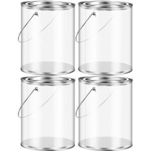 금속 뚜껑이 있는 야리콥 4팩 투명 페인트 캔, 플라스틱 빈 보관 버킷 캔 용기 및 사탕을 넣을 수 손잡이, 파티에서 장식 DIY 프로젝트를 선호합니다(높이 5인치)