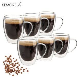 2 4 6PCS 350ML 이중 벽 유리 커피 머그잔 손잡이 투명 카푸치노 컵 우유 차 주스