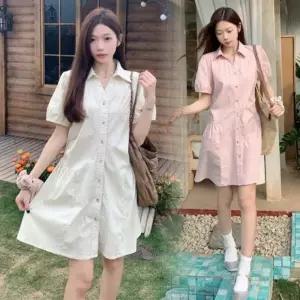 /신상오픈런 여성 여유핏 카라넥 퍼프소매 원피스 셔츠