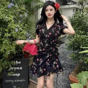 /신상오픈런 여성용 사랑스러운 꽃무늬 셔링 랩 원피스 봄