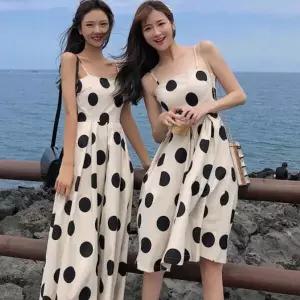 /신상오픈런 여성 비치 드레스 도트 패턴 롱 원피스 끈형