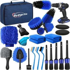Qydipclin 23Pcs 자동차 디테일링 키트 브러시 세트 세차 청소 실내 외륜용 전문 관리 파란색