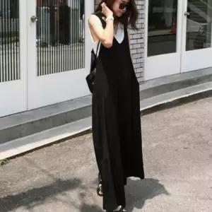 U넥 블랙 오버핏 빅사이즈 와이드 점프수트