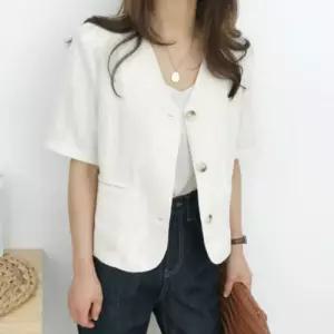 심플 노카라 디자인 데일리 반팔 린넨 자켓
