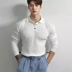 남성 신축성 좋은 머슬핏 스타일 단추 카라 긴팔티