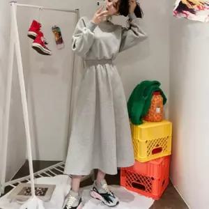 심플 무지 데일리 허리밴딩 플레어 긴팔 원피스