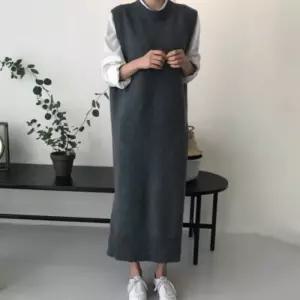 데일리 밑단 절개 패션 라운드넥 롱 니트조끼