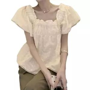 [하프클럽/]캐주얼 여성 여름 셔링 레이스 반팔 펀칭 블라우스