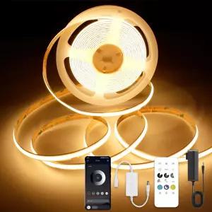 AXMOTUT 9.84피트 스마트 COB LED 스트립 조명 24V 웜 화이트 2700K 디밍블 전원 공급 장치가 있는 고휘도