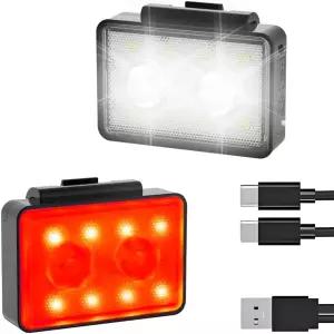 야간 라이딩용 자전거 조명 USB 충전식 앞뒤 3+4 모드 전조등 및 미등 세트 IP44 방수 액세서리 2팩