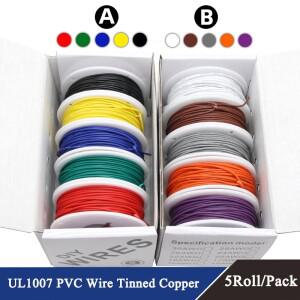 UL1007 와이어(5색 혼합 키트) PVC 절연 주석 도금 구리 케이블 30 28 26 24 22 20 18 16 AWG 연선 전기 라