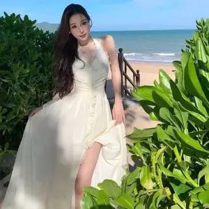 원피스 스커트 바캉스 선녀 홀터넥 밑단 해변 트임 빅 브이넥 쉬폰 여성패션 DL1