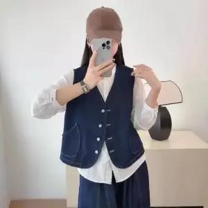 데님 가을 캐주얼 빈티지 여친 상의 브이넥 나시 트렌디 아이템 덧장 싱글 조끼 HT3