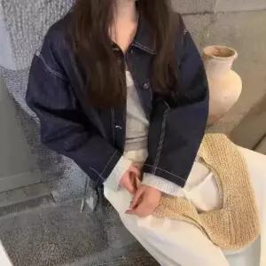 데님 캐주얼 빈티지 여사친 패치 코트 자켓 체크 터틀넥 아이템 깔끔한 소매 트렌디 HT1