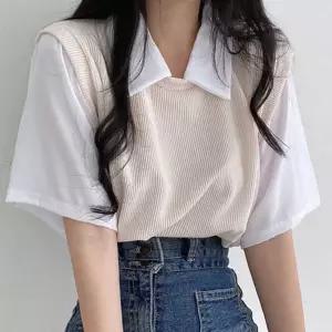 대학생 여름 반팔 카라 티셔츠 페이크 니트 레이어드