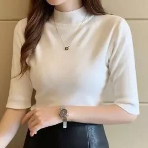 여성 반폴라 반팔 니트 5부 1P 간절기 데일리 티셔츠 yBm77SsM