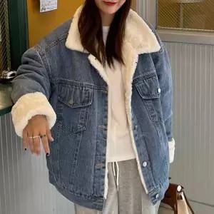 여성용 데일리 경량 양털 카라 데님 숏 자켓 zGj55fHM