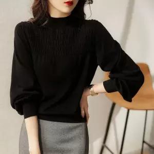 벌룬 소매 셔링 반목 니트 여성 출근 룩 데일리 티 nzO67vHu