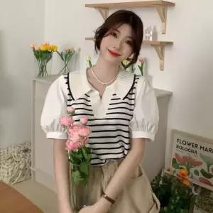 크롭 크롭니트블라우스 여름 믹스 니트 루즈핏블라우 HdV23pSp