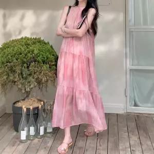 마이진 여성 민소매 원피스 하객 프렌치 뷰티 홀터넥 여름 미디스커트 핑크 해변 나염 스커트 ADOR1