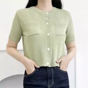 썸머 웨어 여자 포켓 크롭 시스루 반팔 니트 가디건 hFV96GOt