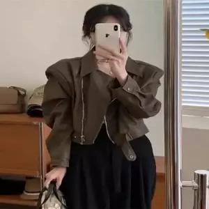 자켓 PU 슬림핏 옷 봄가을 코트 숏 칼라 여자가죽자켓 가죽 ible3