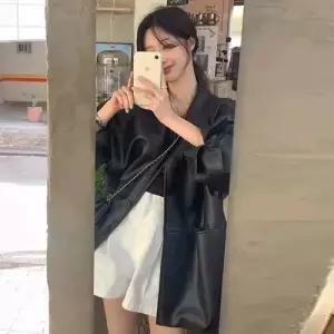 가을 상의 라이크 가죽 자켓 멋스러운 싱글 코트 터틀넥 여자가죽자켓 ible3