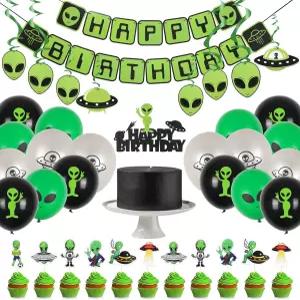 고래 외계인 생일 파티 장식에는 풍선 축하 배너 다양한 컵케이크 케이크 토퍼 UFO 테마 우주 접시 걸이