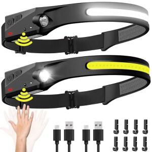 헤드램프 충전식 2PCS, 모션 센서가 장착된 230 와이드 빔 LED - 하이킹, 달리기, 수리, 낚시, 자전거 타기를 위한 캠핑 액세서리 기어, 방수 헤드라이트 손전등