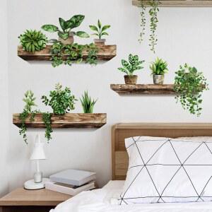 그린 플랜트 벽 데칼 3D 분재 열대 베터플라이 스티커 크리에이티브 비닐 필 앤 스틱 탈착식 거실 침실 홈 오피스용 아트 데코 (그린 3)