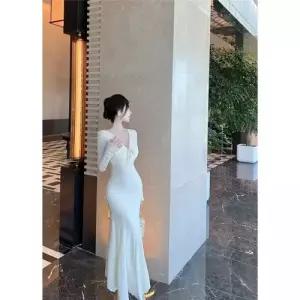 원피스 여성 셔링 브이넥 나팔 머메이드 롱스커트 레이스 DUCHI1