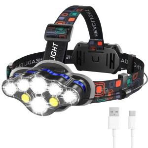 미오지 헤드램프 충전식, 8개의 LED 초밝은 헤드램프, 화이트 레드 라이트, IPX4 방수 헤드라이트, 야외 하이킹 러닝 캠핑을 위한 8가지 모드 헤드라이트 손전등