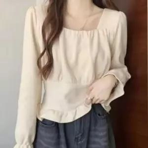 여성 블라우스 스퀘어넥 밑단 셔링 긴팔 봄가을 레이스
