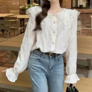 여성 레이스 카라 이중프릴 긴 레이스블라우스 봄가을 데이트룩 여성블라우스 기본데