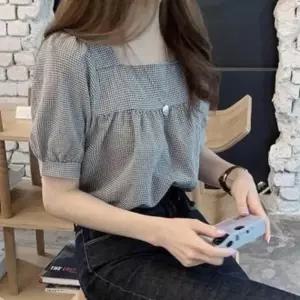 여성 직장인 여름 체크 출근룩 여성여름블라우스 블라우스 깔끔한 셔링 코디 반팔